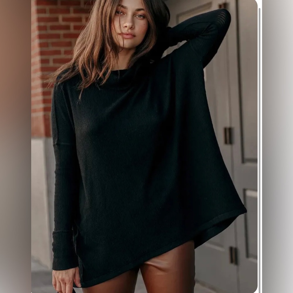 NWT Free People Womens  Juicy Long Sleeve Black Waffle Knit Sweater Size Small